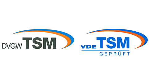 Logos der Verbände DVGW und VDE zur Bescheinigung des geprüften Technischen Sicherheitsmanagements